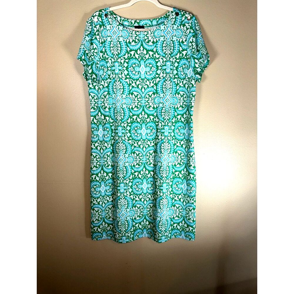 Talbots Dress, Green, Blue, and white, Short sleeves with gold buttons